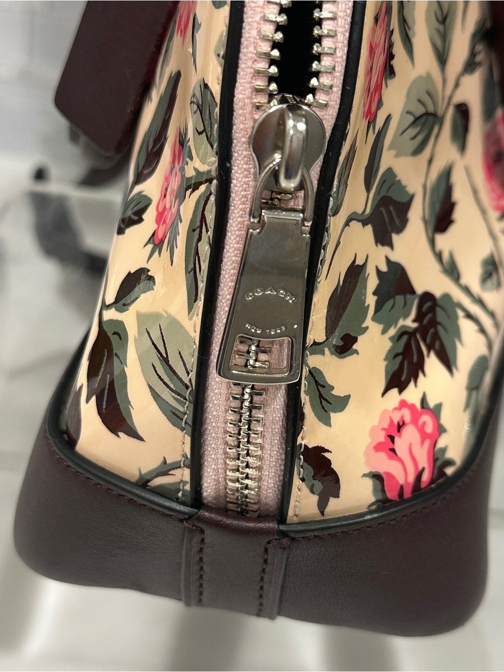 Coach Cream Floral Dome Satchel with Pink Roses and Brown Trim Patent & Leather - Picture 11 of 16